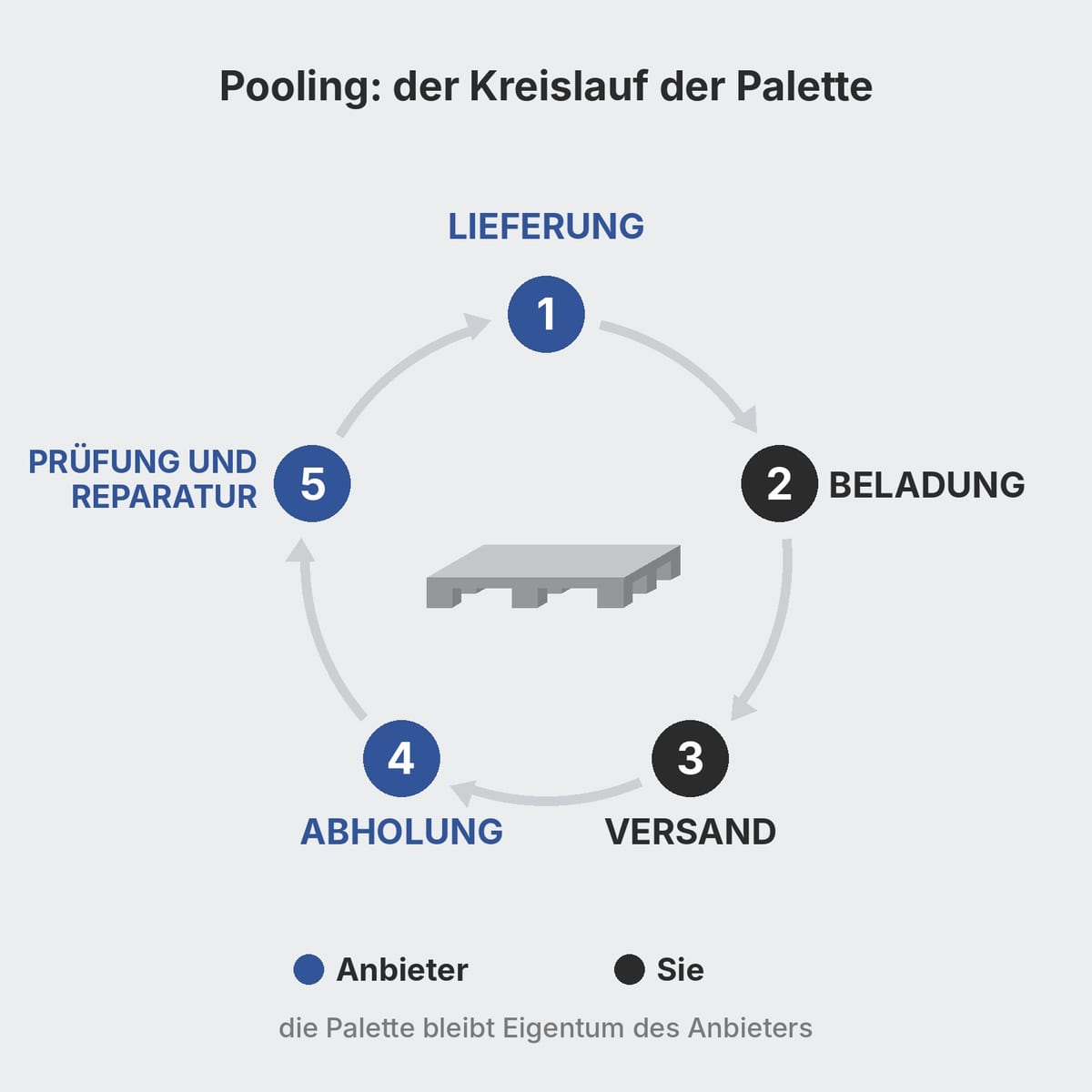 Kreislauf der Mietpalette aus Kunststoff: Lieferung, Beladung, Versand, Abholung und Reparatur