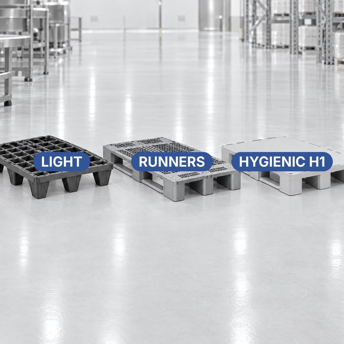 Plastic pallets from European manufacturers side by side: nestable, with runners and heavy-duty hygienic