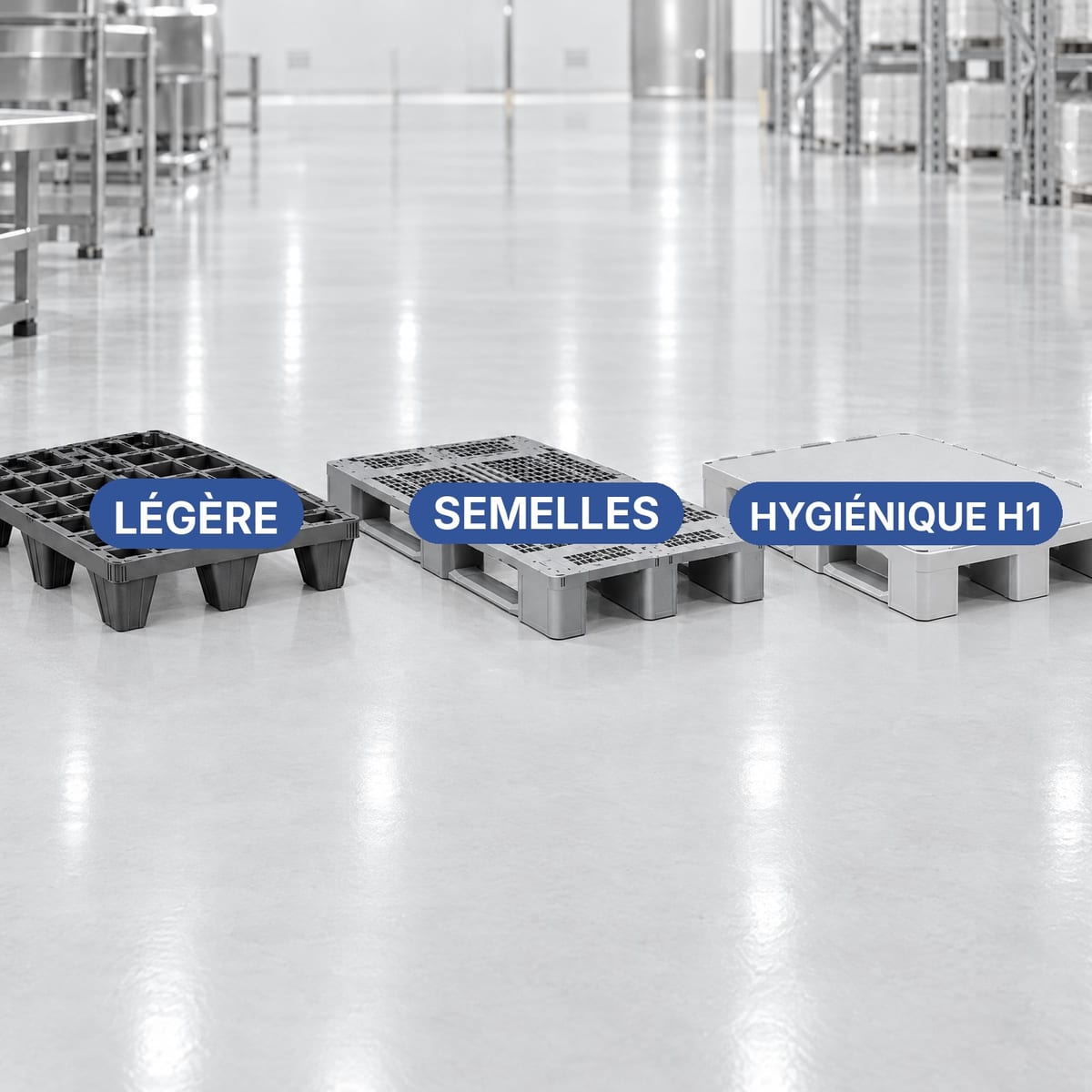 Palettes plastique de fabricants européens côte à côte : emboîtable, à semelles et lourde hygiénique