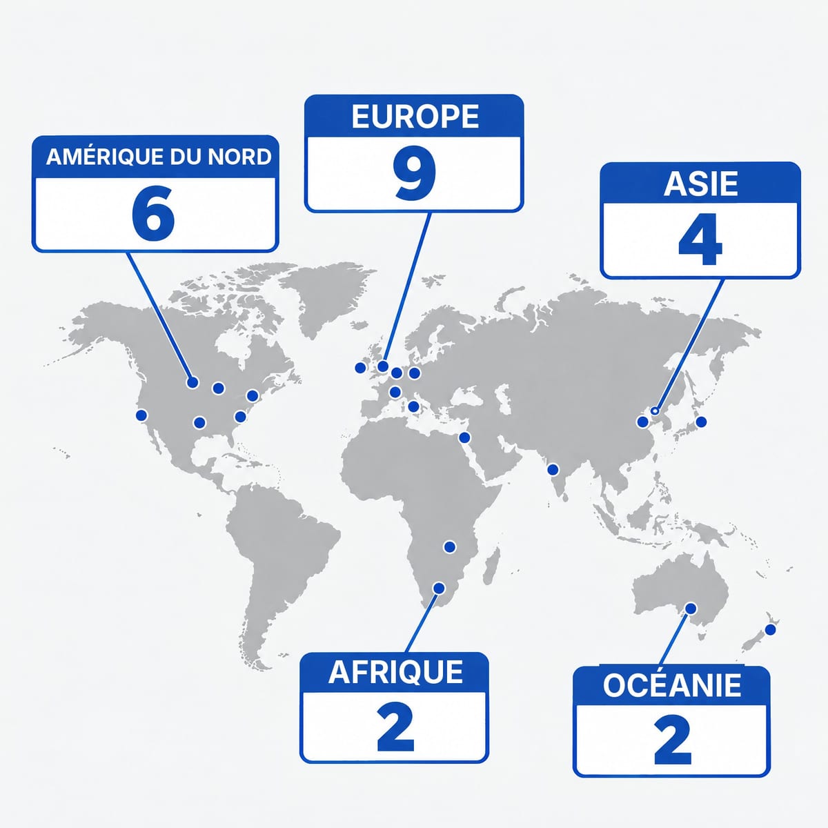 Carte du monde avec les sièges des principaux fabricants de palettes plastique, par continent