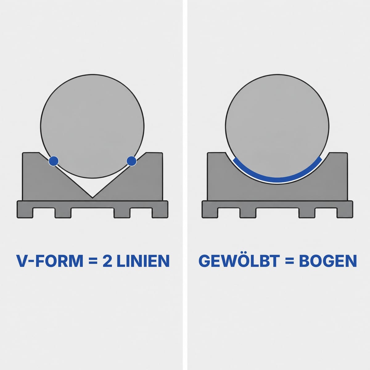 Schema der Auflageprofile für Rollen: V-Sattel mit Kontakt auf zwei Linien und ovale Mulde mit Kontakt entlang eines Bogens