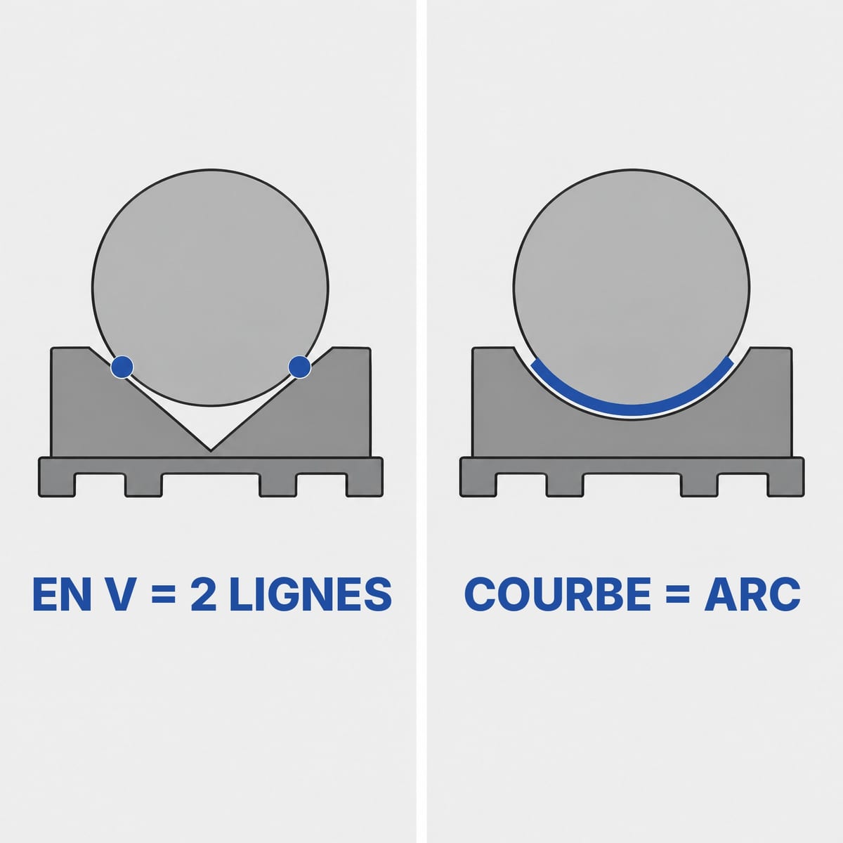 Schéma des profils d'appui pour bobines : selle en V qui touche sur deux lignes et berceau ovalisé qui touche le long d'un arc