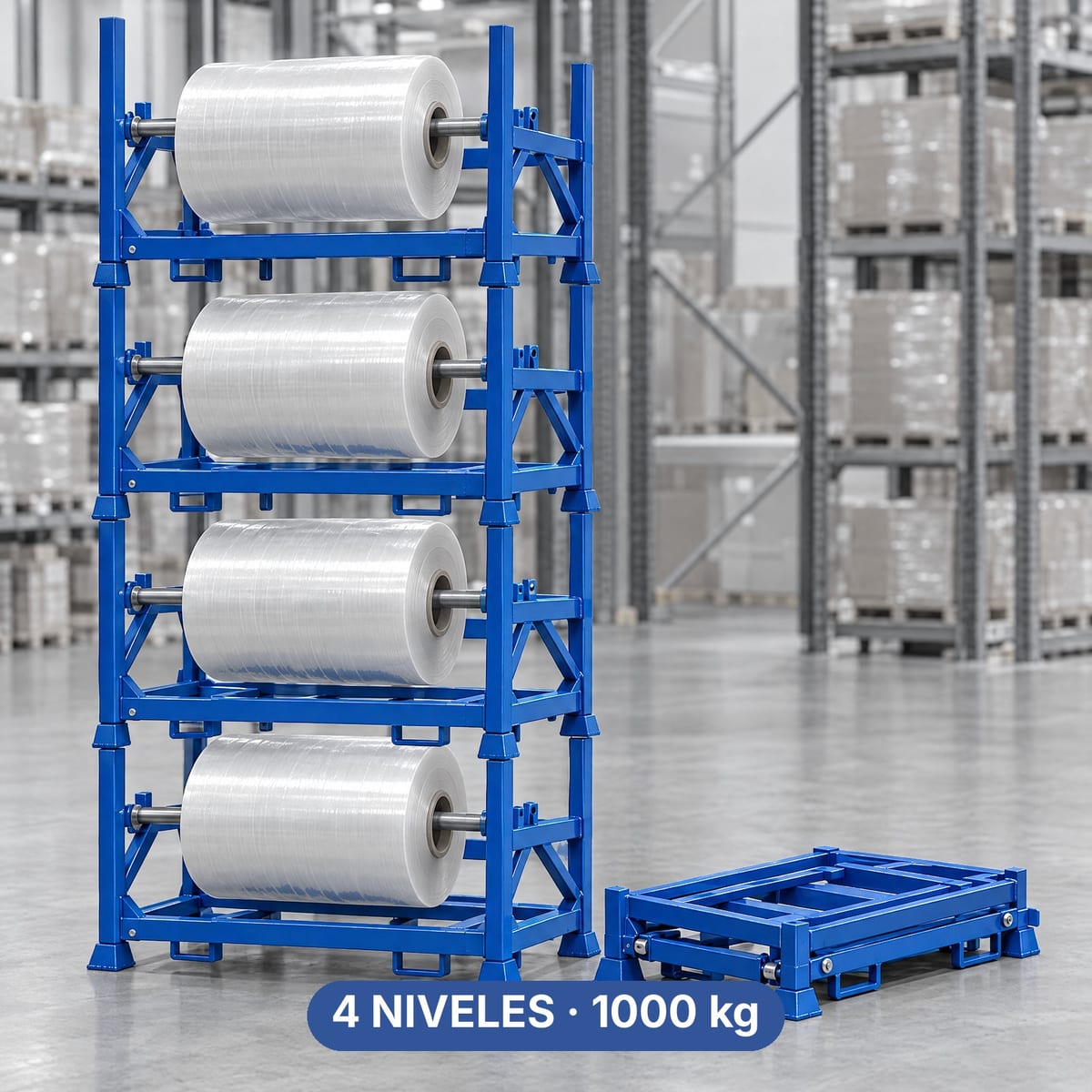 Racks metálicos portabobinas ROLL HA160-110 apilados en cuatro niveles con bobinas suspendidas