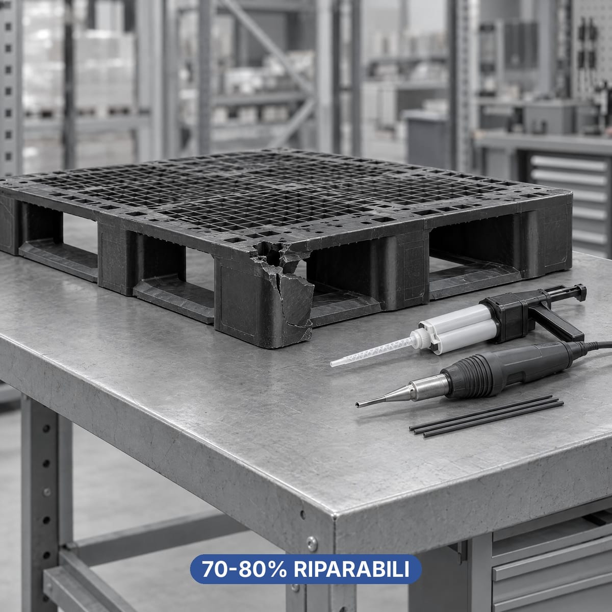 Officina di riparazione con un pallet in plastica danneggiato sul banco, adesivo strutturale e saldatore ad aria calda