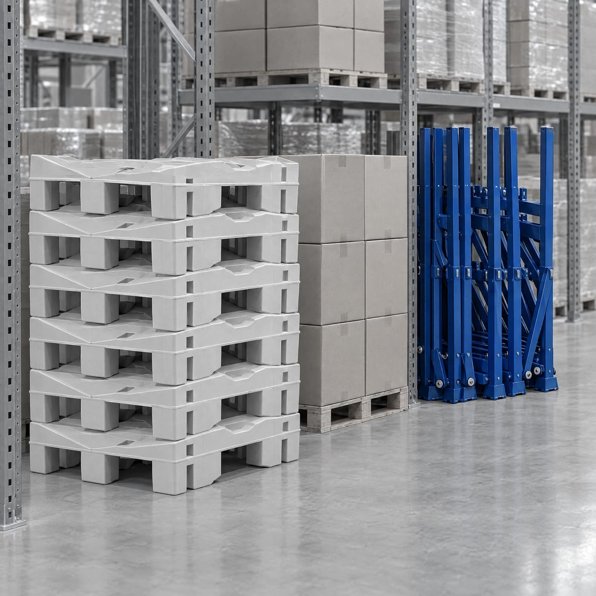 ROLL warehouse with stacks of plastic reel pallets, roll chocks and racks for rolls