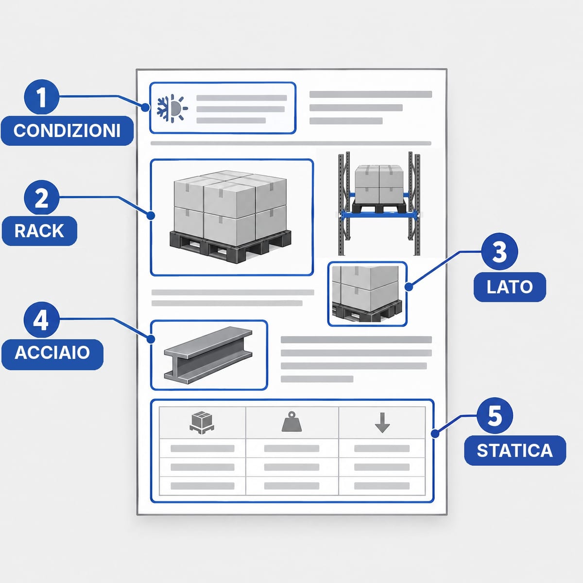 Scheda tecnica di un pallet in plastica con evidenziati condizioni di prova, portata su rack, direzione, rinforzi e pila