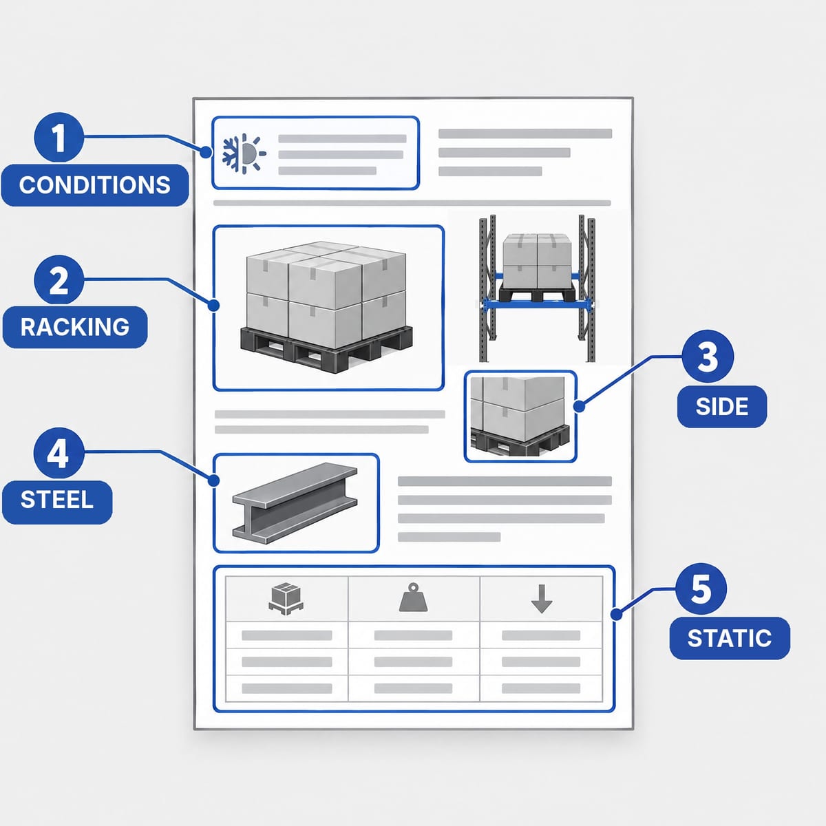 Plastic pallet data sheet with test conditions, racking load, direction, reinforcement and stack highlighted
