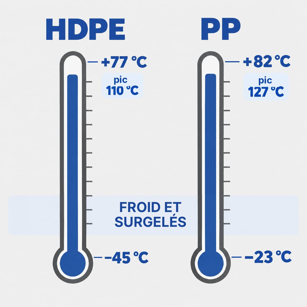 Schéma des plages de température des palettes en PEHD et en PP, avec chambre froide et lavage à chaud