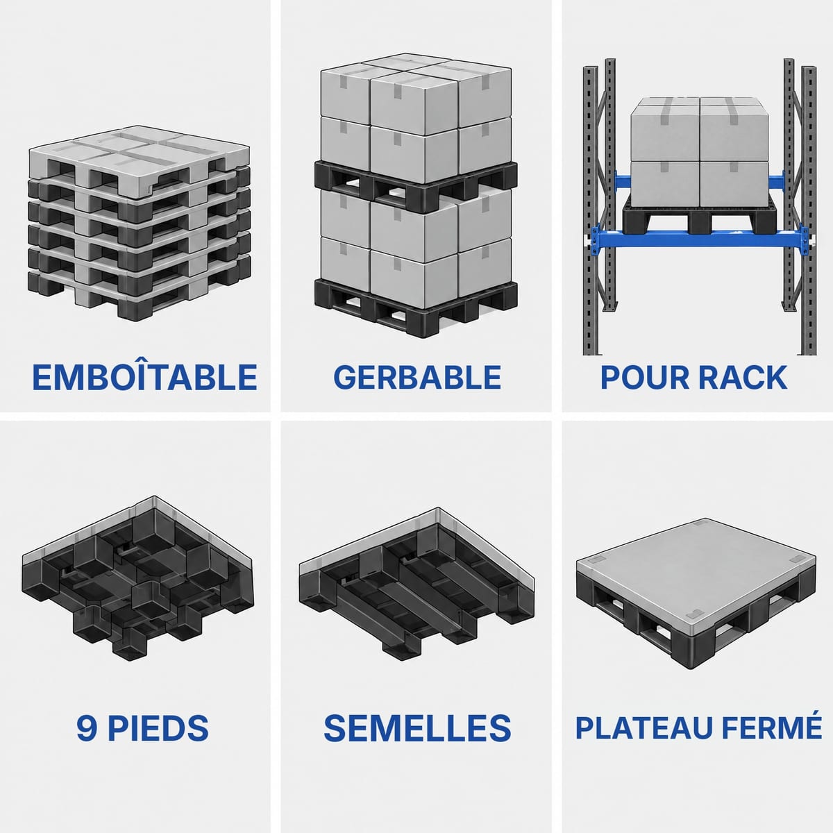 Schéma des types de palettes plastique : emboîtable, gerbable, rackable, à pieds, à semelles, plateau plein
